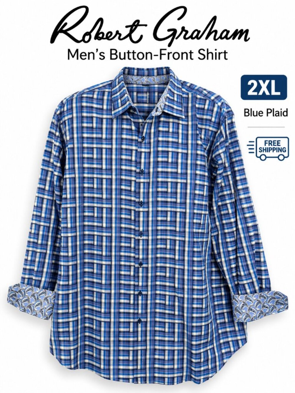Robert Graham Men's 2XL Blue Plaid Long Sleeve Button Up Shirt Flip Cuff